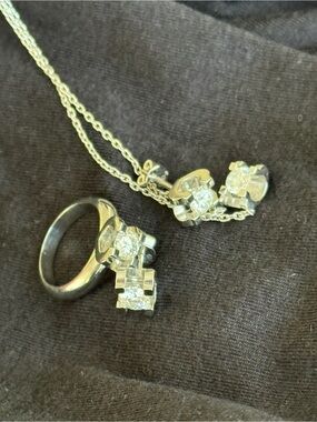 White Gold Diamond Pendant Necklace, earrings and Ring Set - White